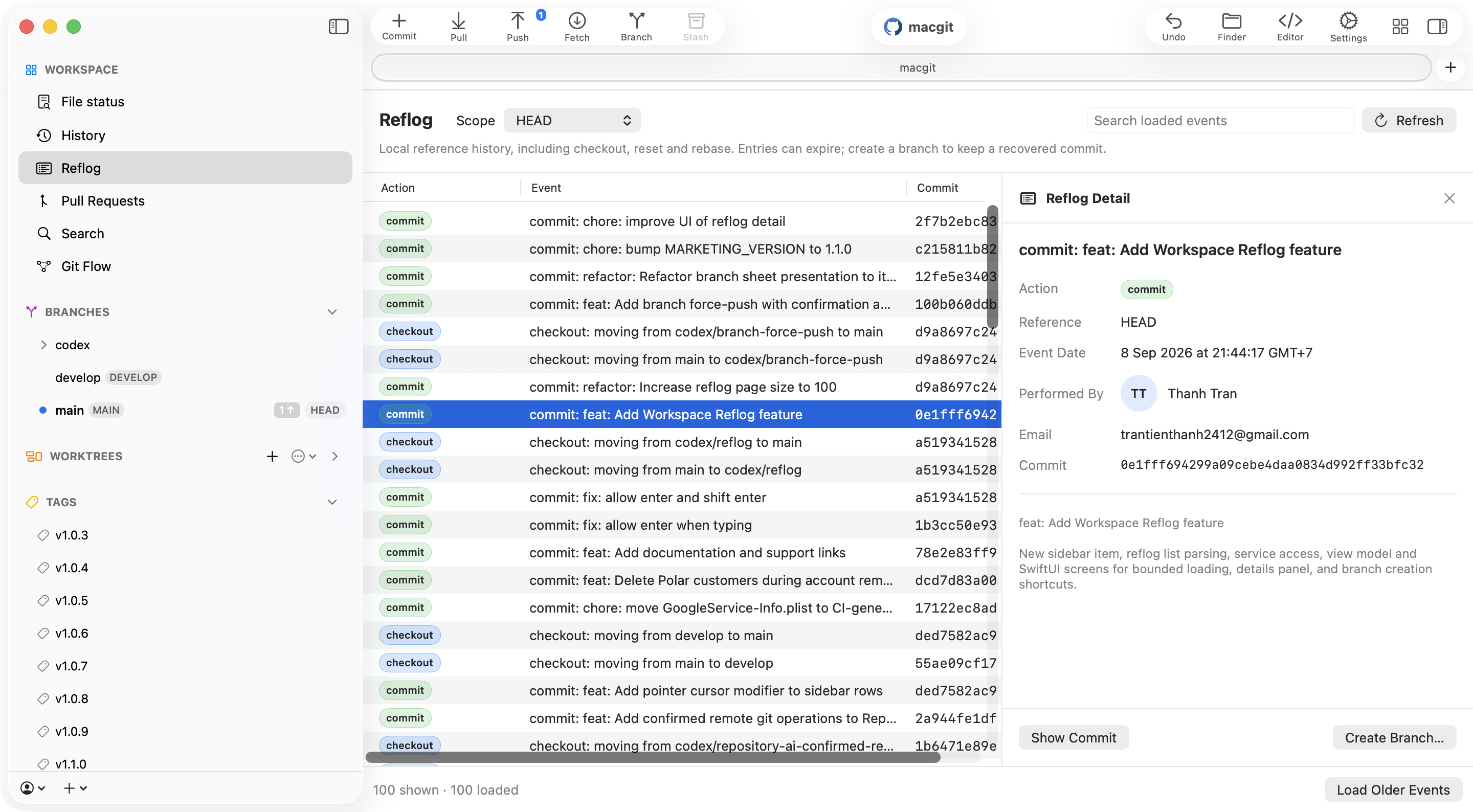 Commit+ Reflog detail panel showing event metadata and recovery actions