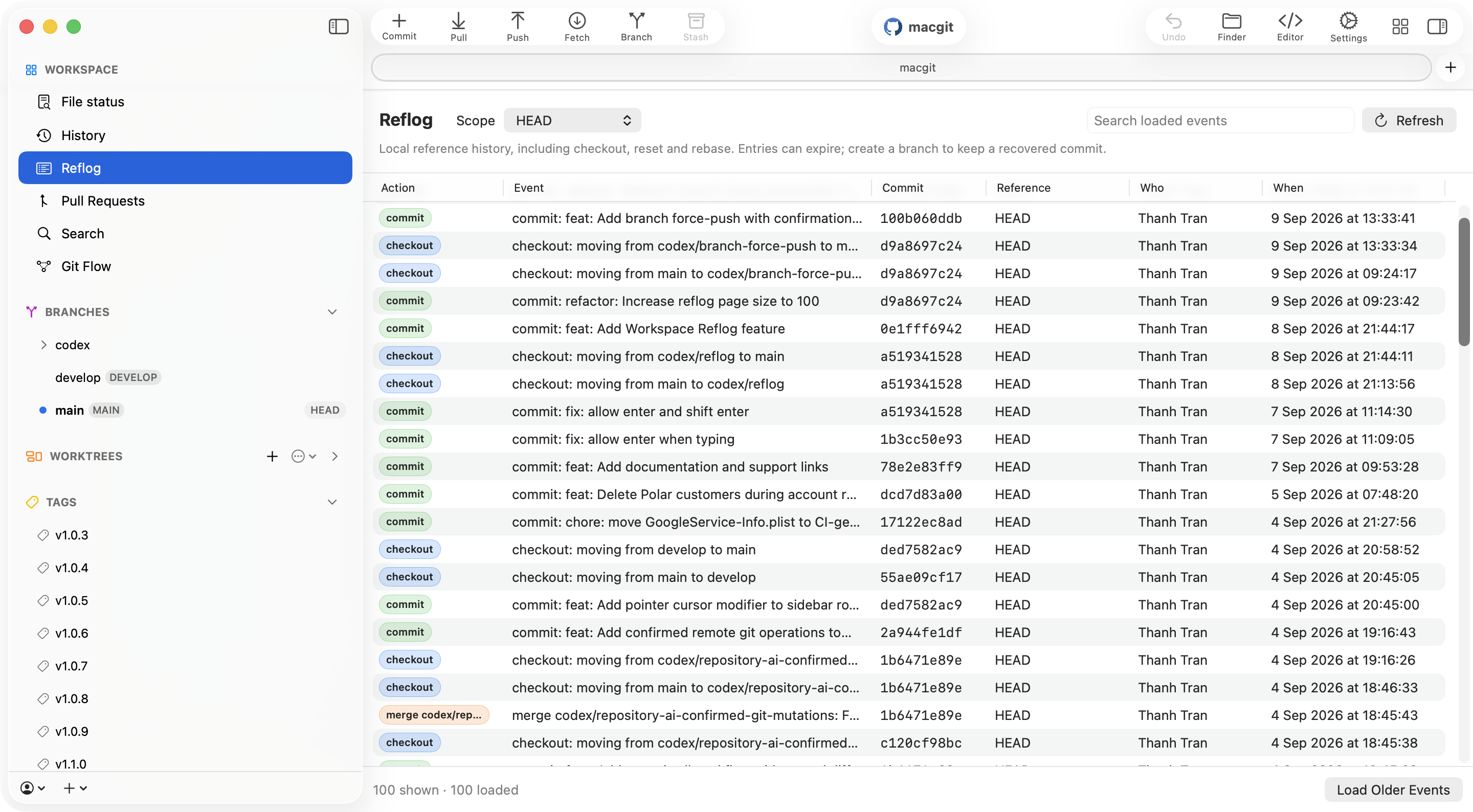 Commit+ Reflog workspace showing local reference events