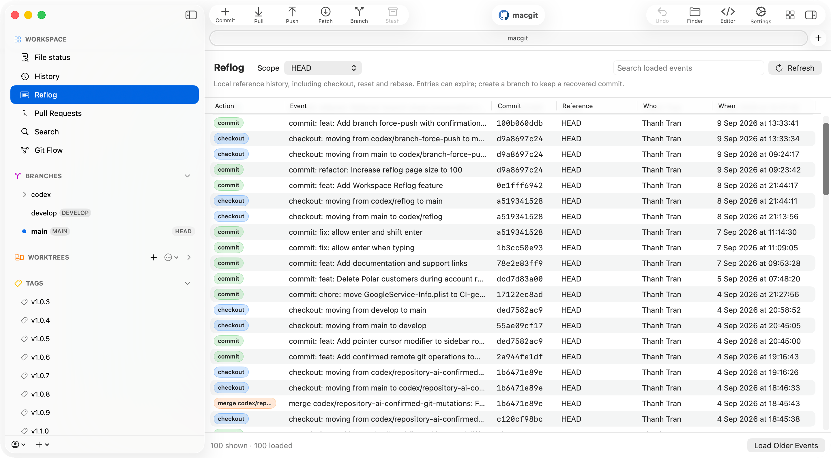 Commit+ Reflog workspace showing local reference events