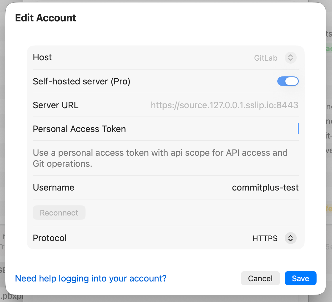 Edit Account in Commit+ with GitLab self-hosting enabled, a server URL, personal access token, username, and HTTPS protocol