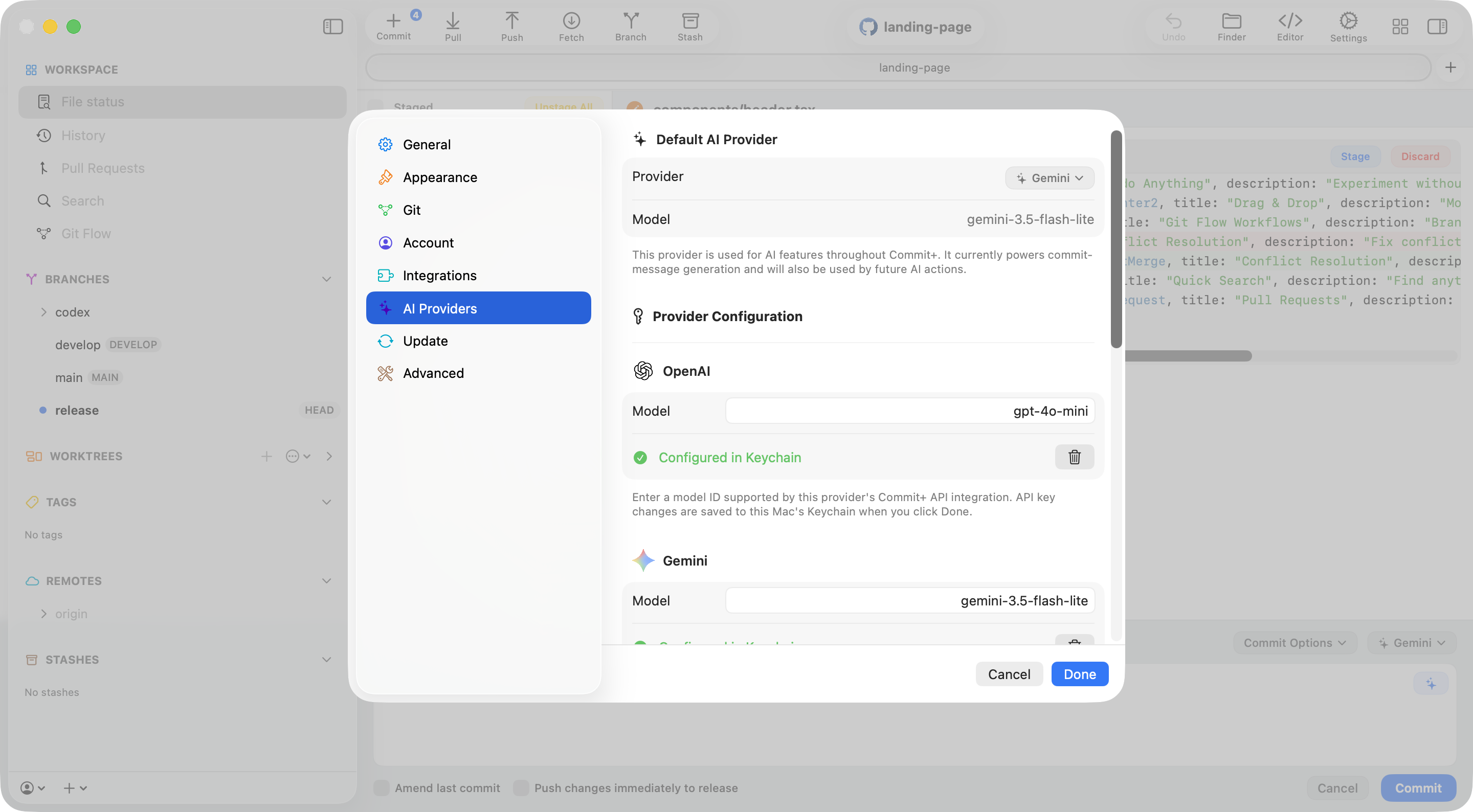 AI Providers settings with the default provider, model, and Keychain configuration