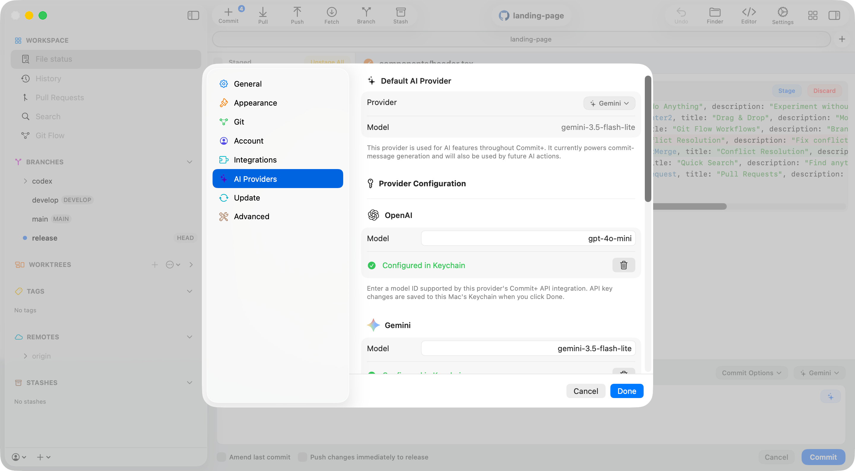 AI Providers settings with the default provider, model, and Keychain configuration