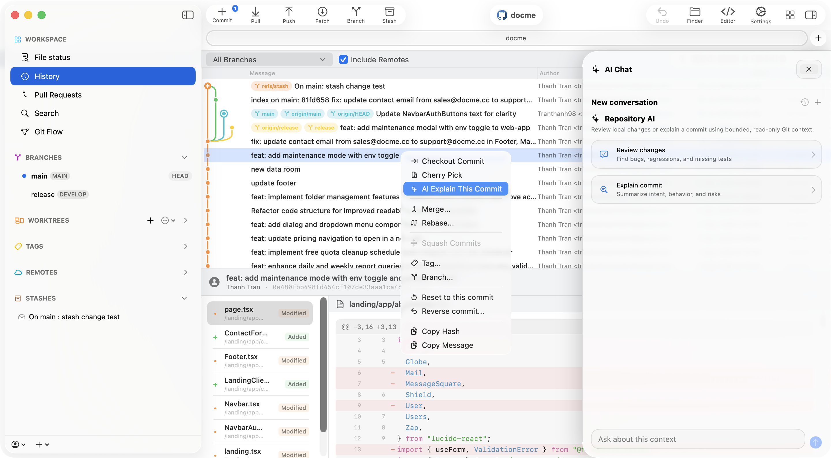Repository AI Chat with Review changes and Explain commit actions beside the commit context menu