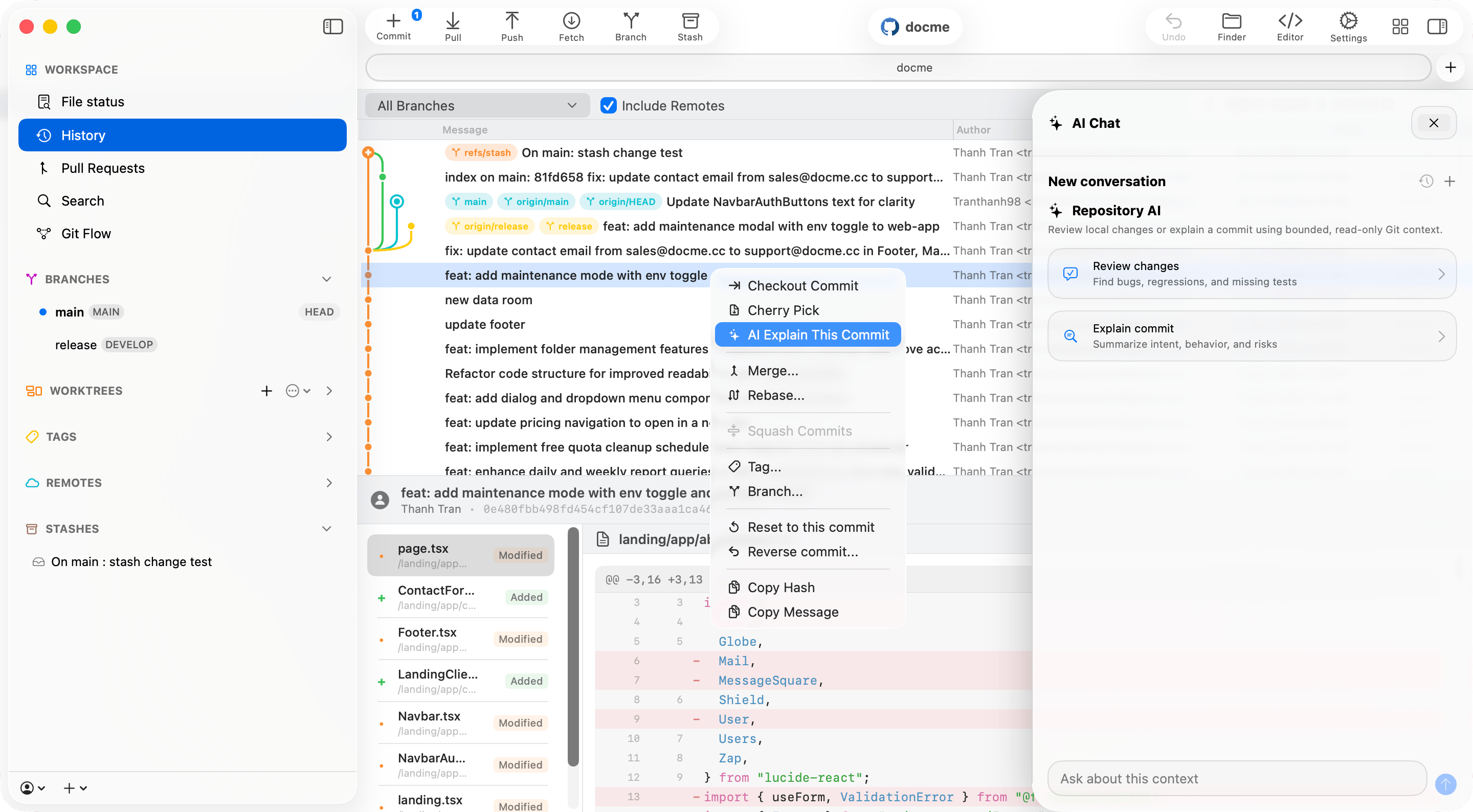 Repository AI Chat with Review changes and Explain commit actions beside the commit context menu