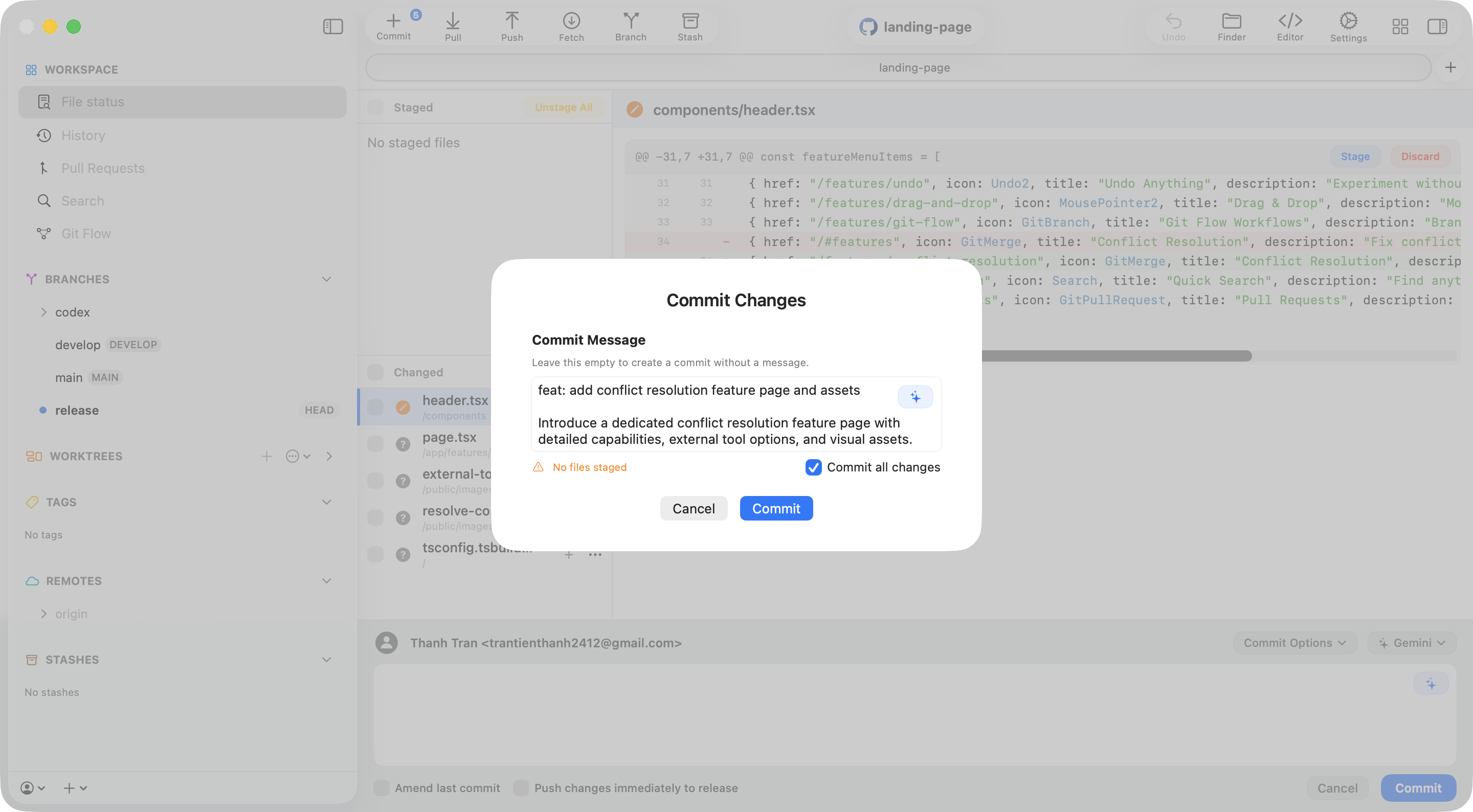 AI-generated Conventional Commit message in the Commit Changes sheet