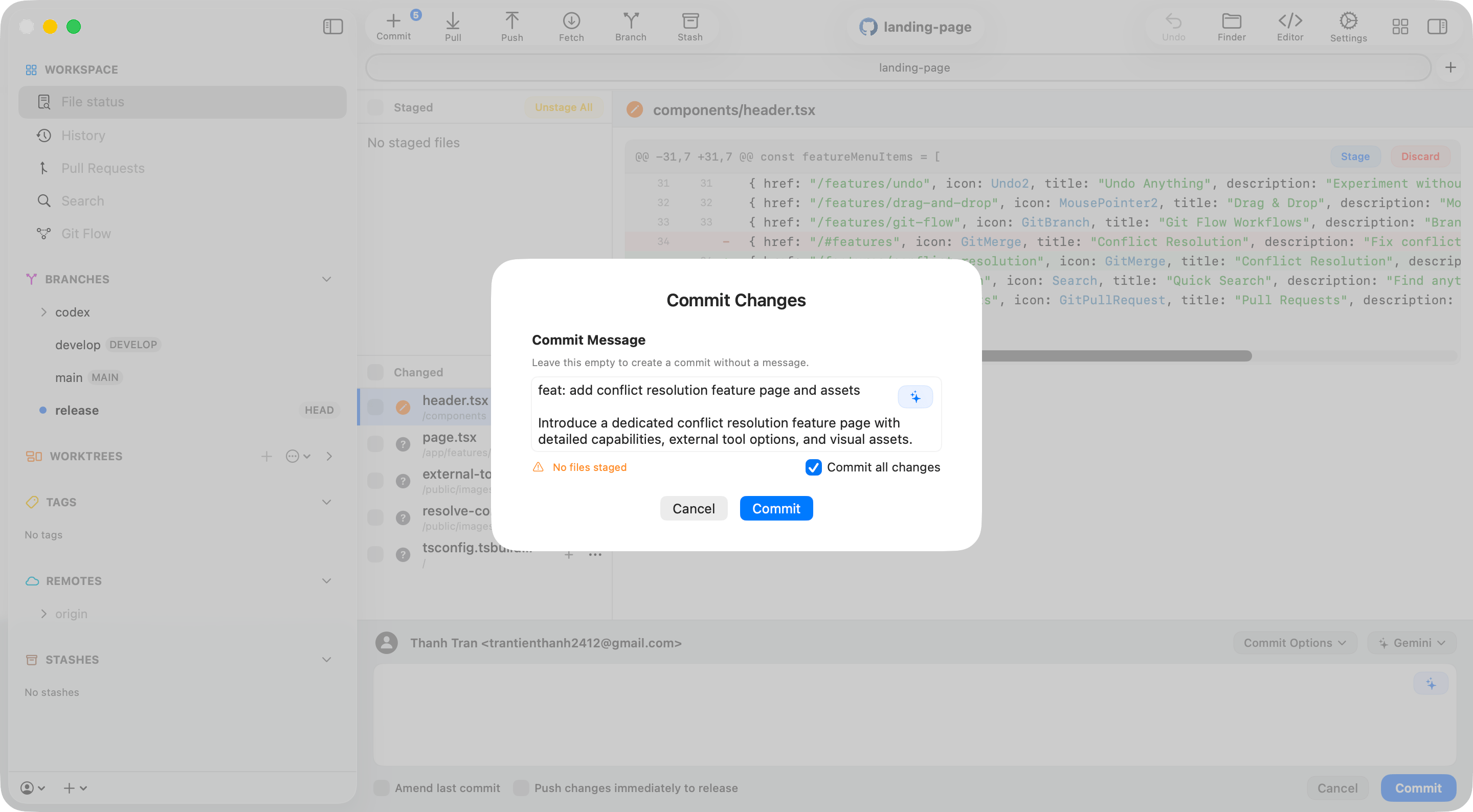 AI-generated Conventional Commit message in the Commit Changes sheet