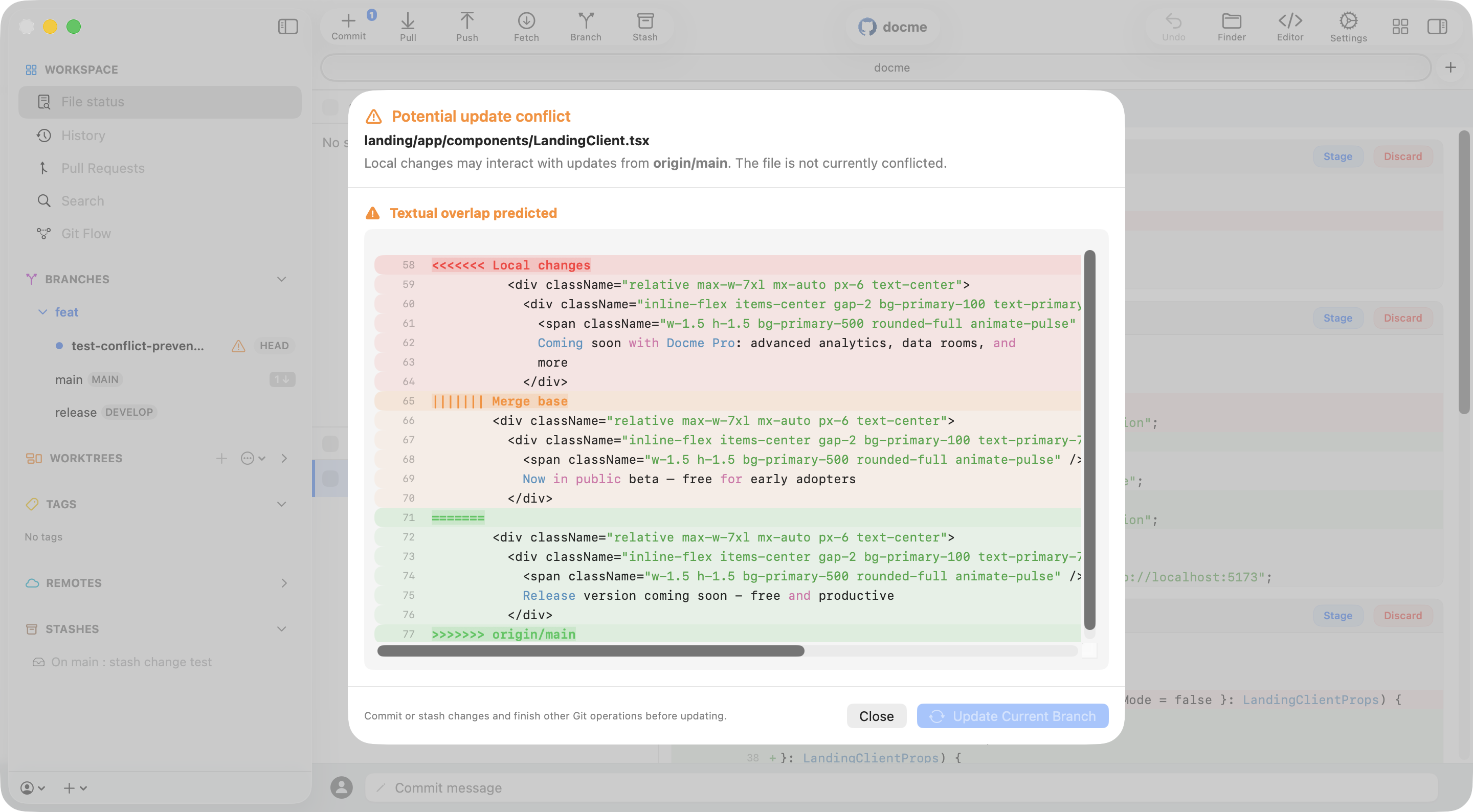 Commit+ potential update conflict details showing a predicted textual overlap among local changes, merge base, and origin main