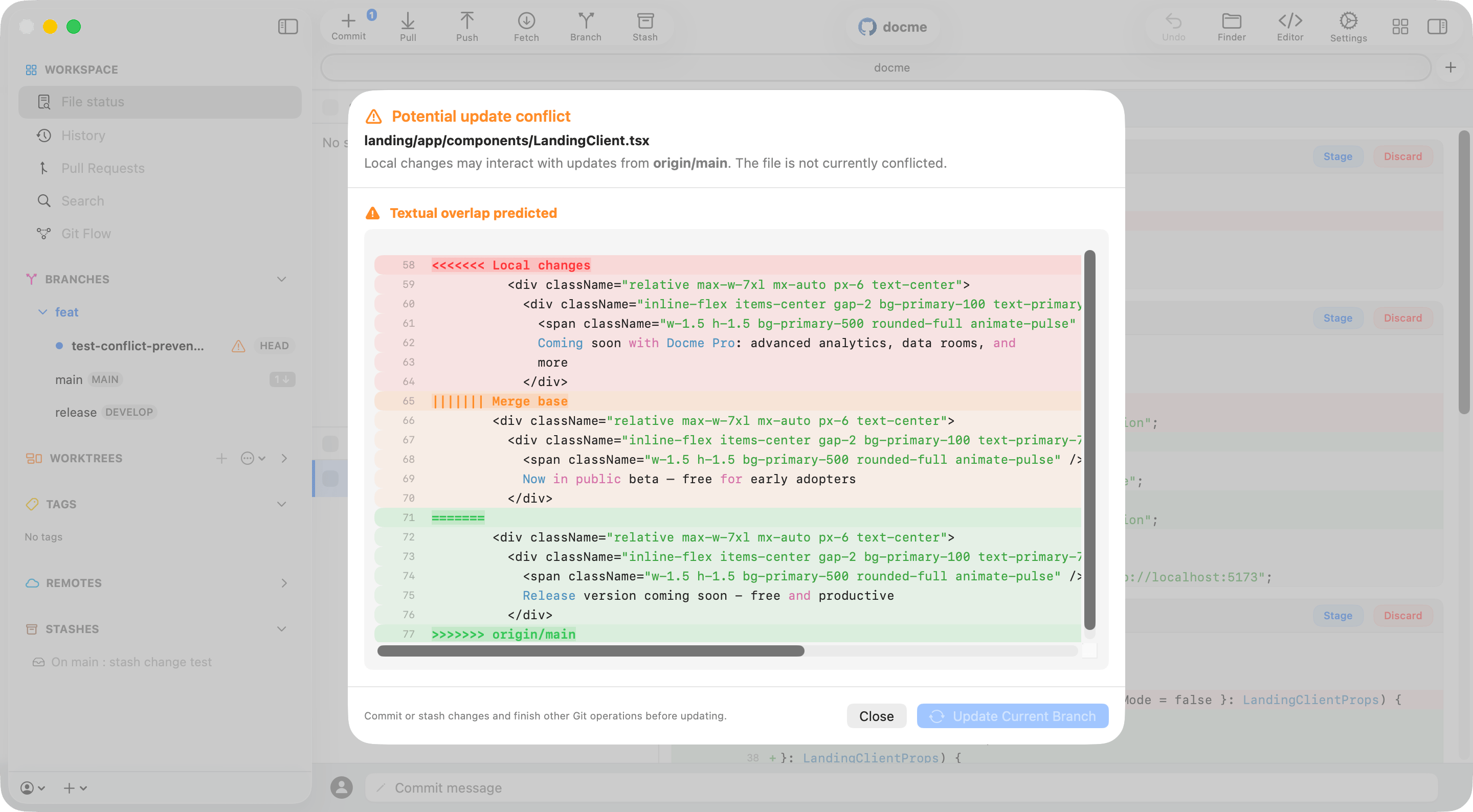 Commit+ potential update conflict details showing a predicted textual overlap among local changes, merge base, and origin main