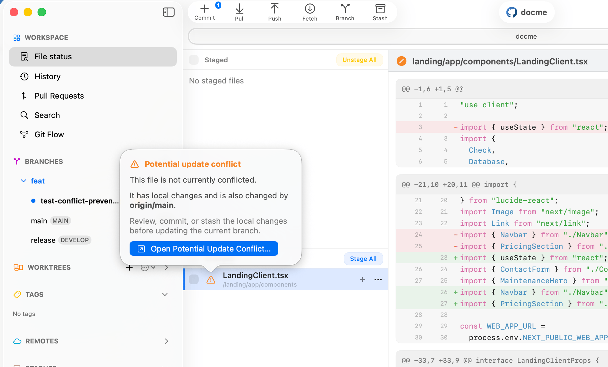 Commit+ File status view showing an orange potential update conflict warning beside a locally changed file