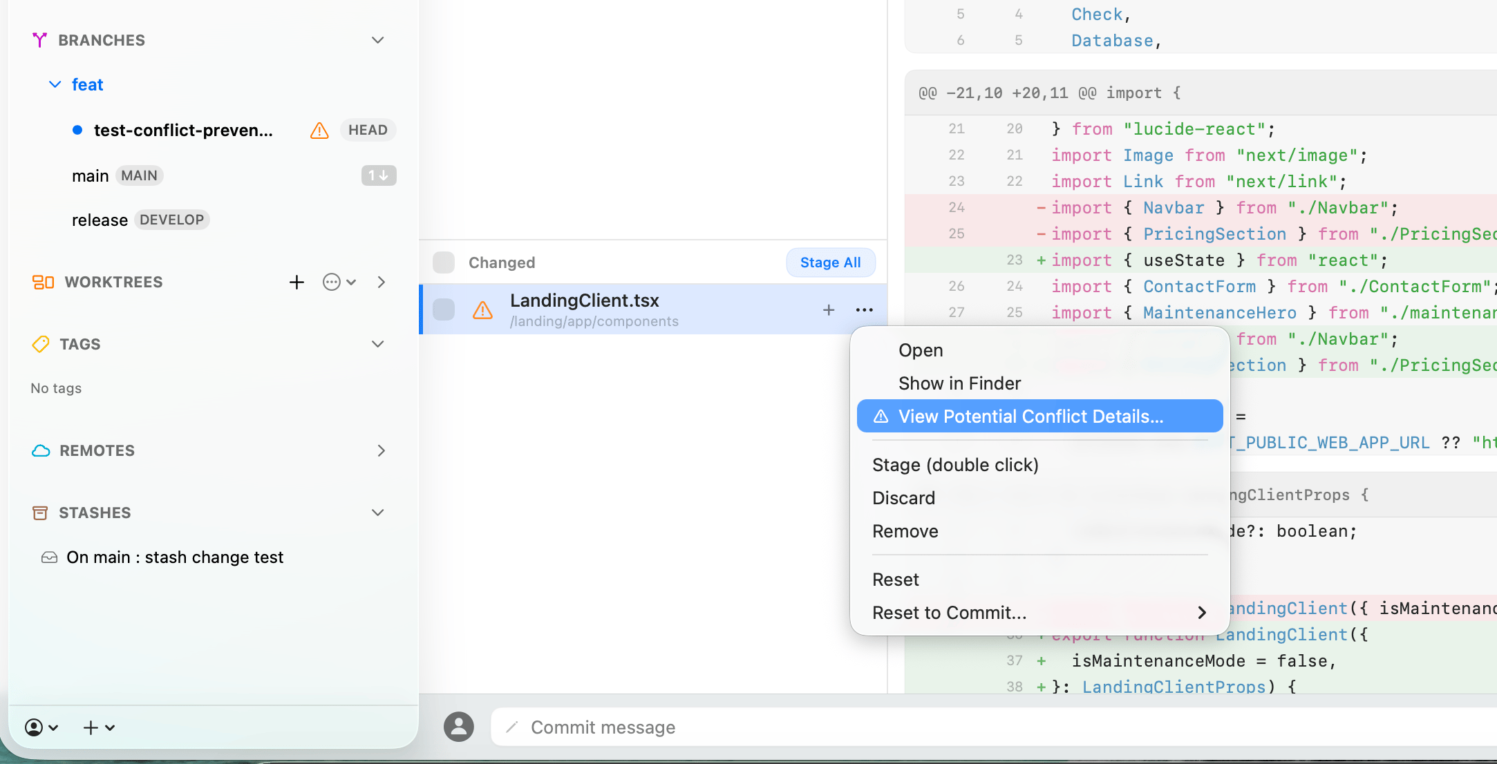 Commit+ context menu highlighting View Potential Conflict Details for a changed file