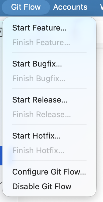 Git Flow menu with Start and Finish actions