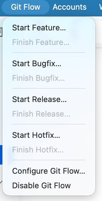 Git Flow menu with Start and Finish actions