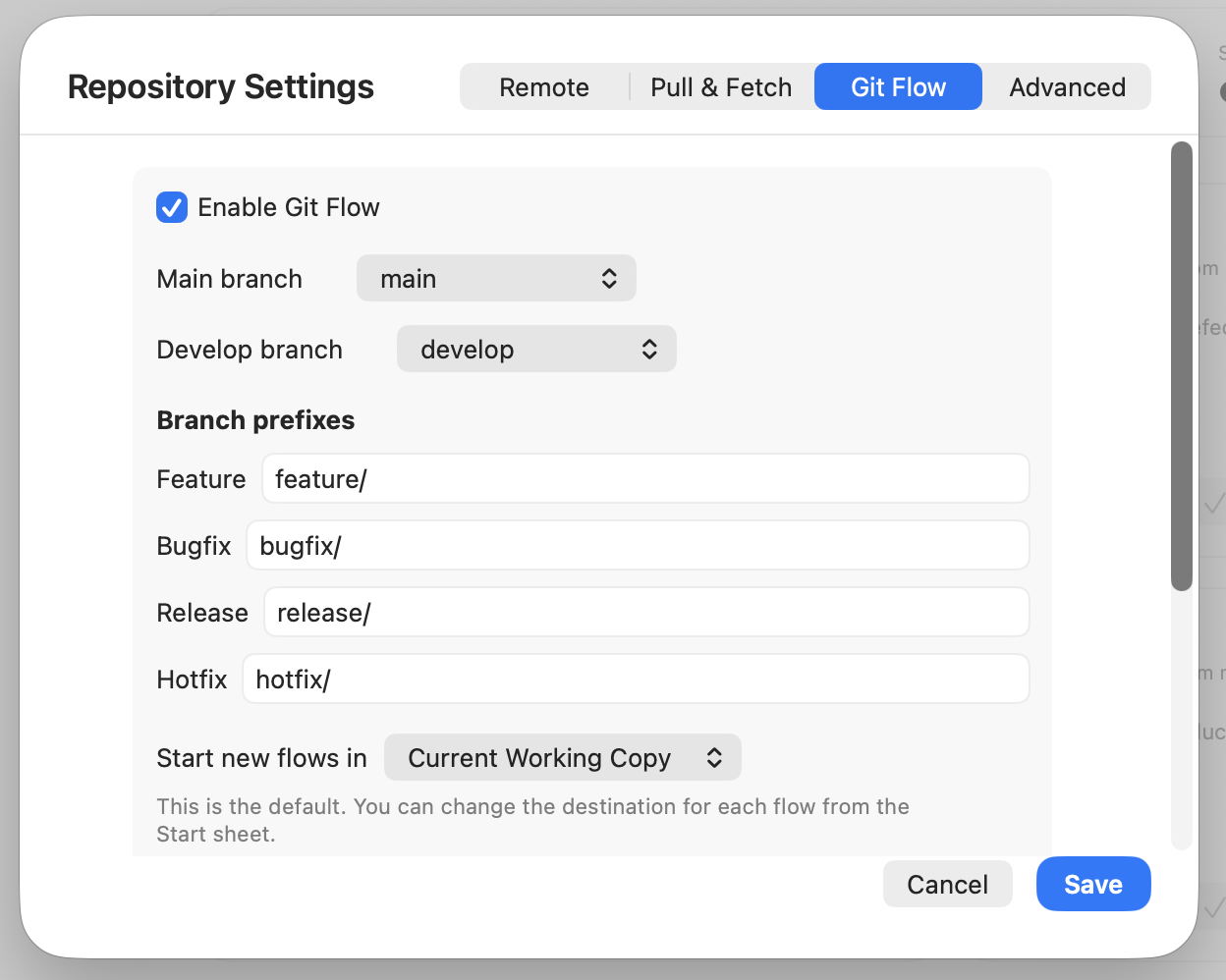 Git Flow configuration in Repository Settings