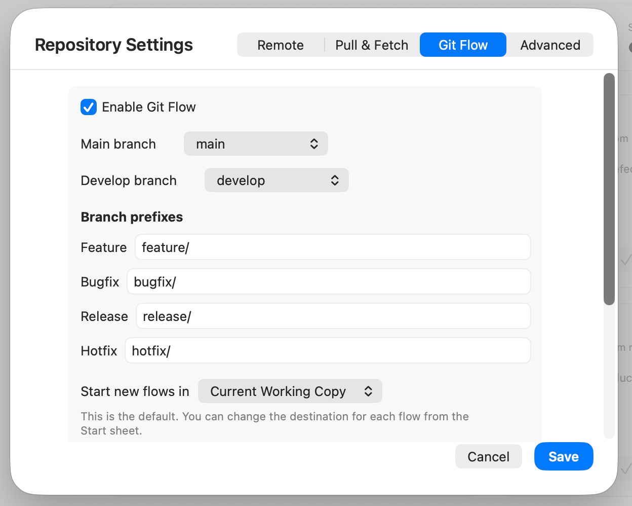 Git Flow configuration in Repository Settings