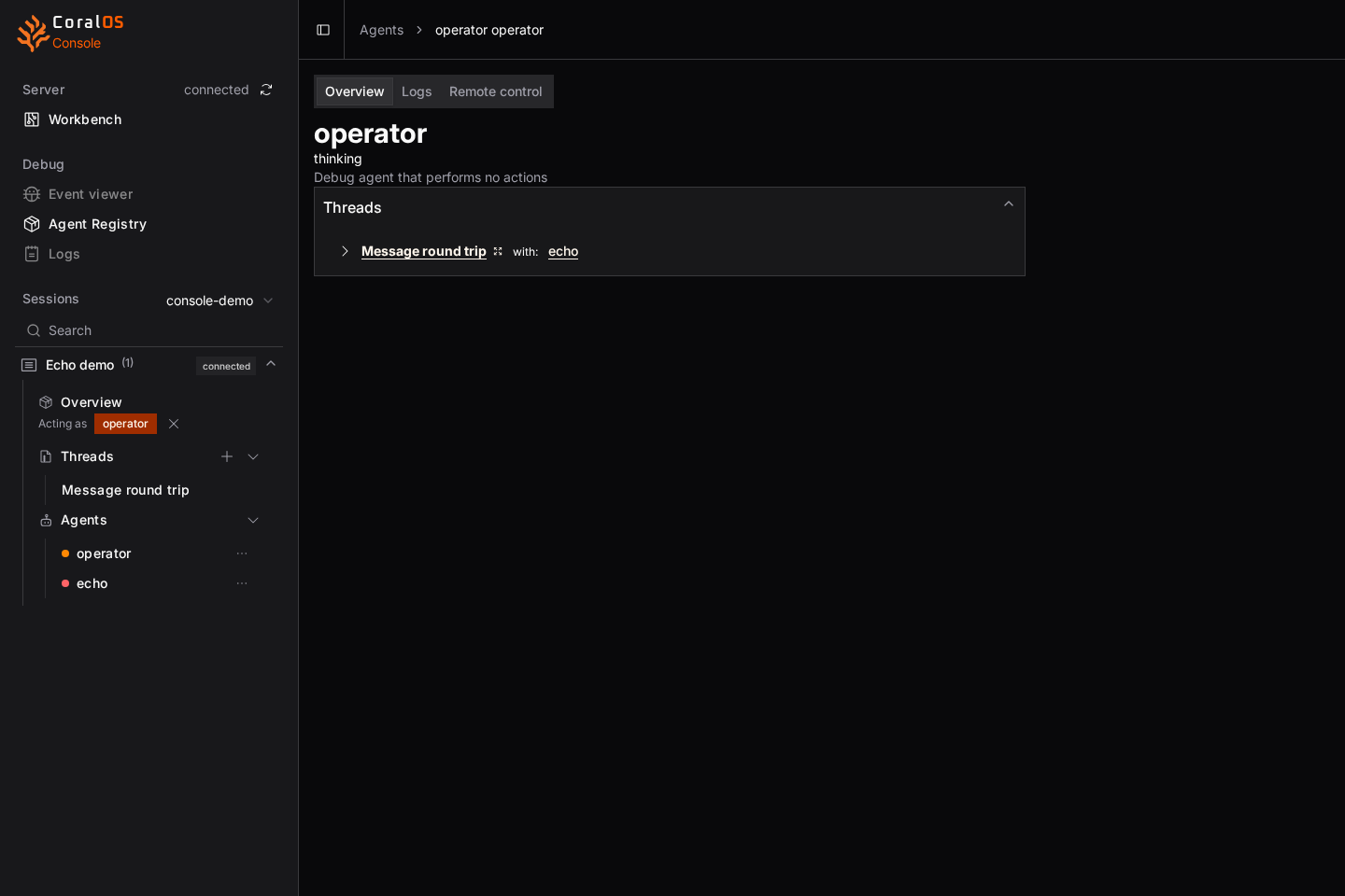 Agent overview showing the operator's status and thread membership