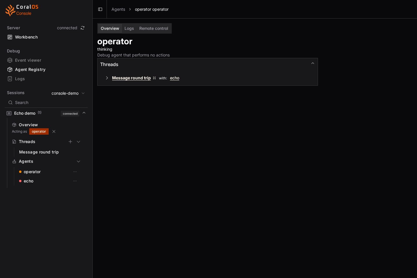 Agent overview showing the operator's status and thread membership