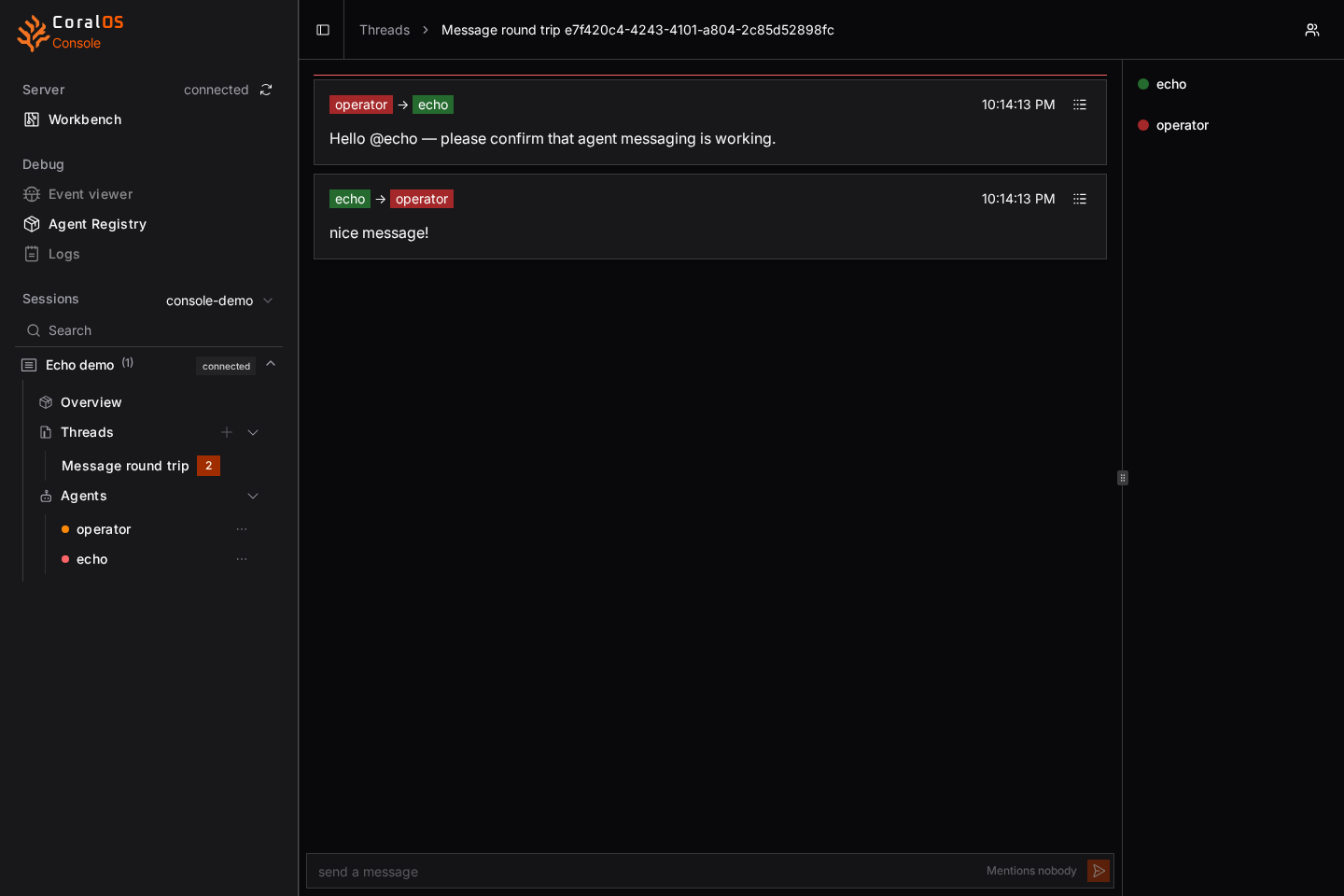 Thread history showing a message from operator and the echo agent's reply