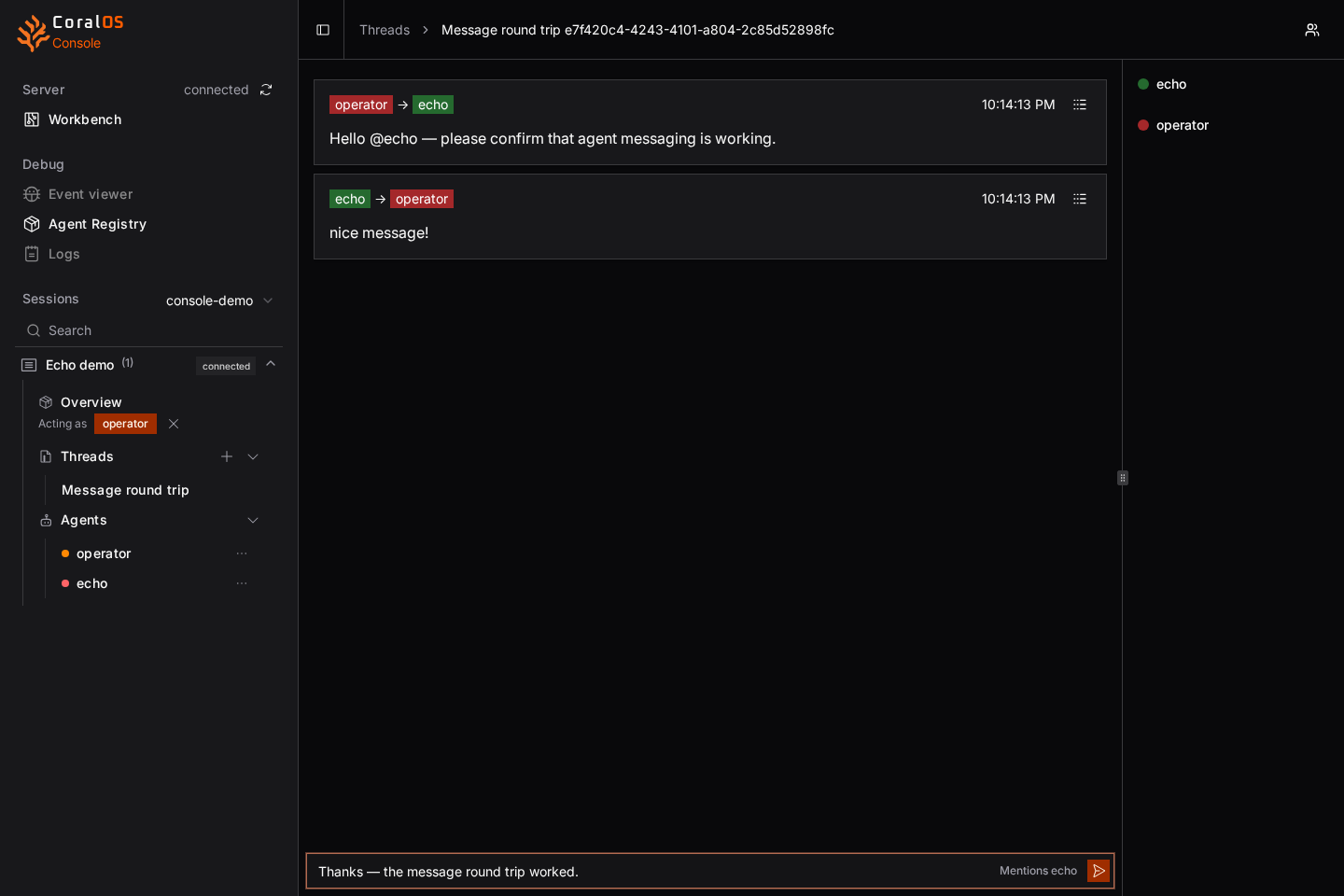 Thread message composer while acting as the operator agent