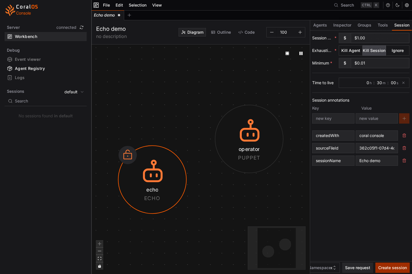 Coral Console Workbench with a session request and its agents