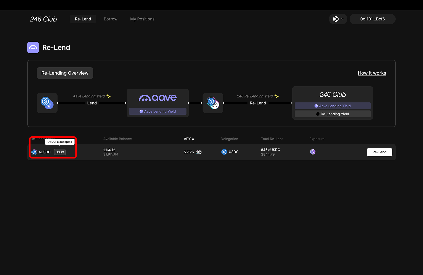 Re-lending asset column showing supported aTokens