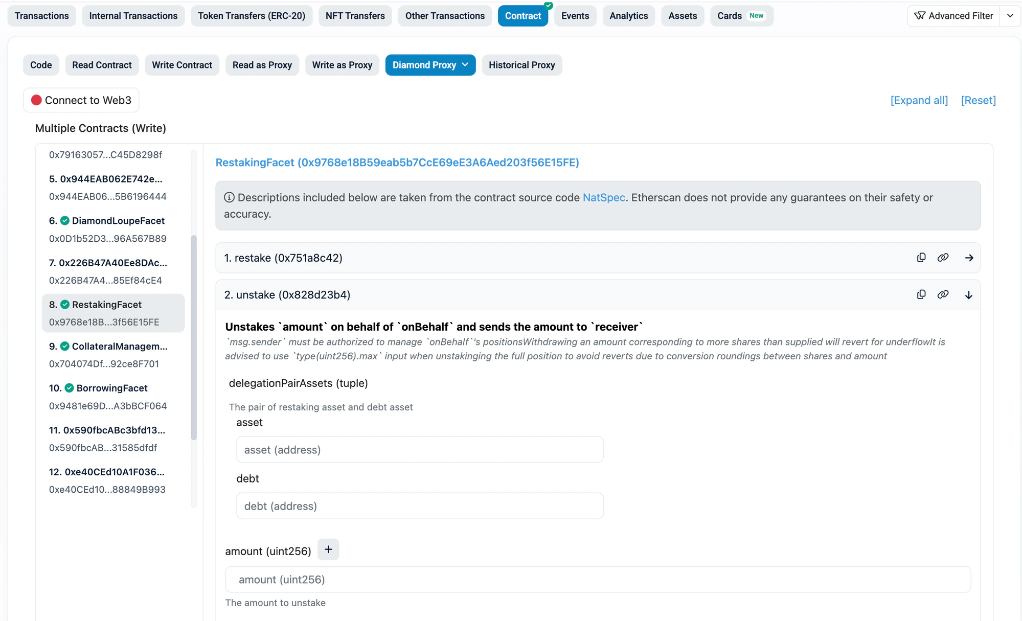 Diamond Proxy Write with RestakingFacet sidebar