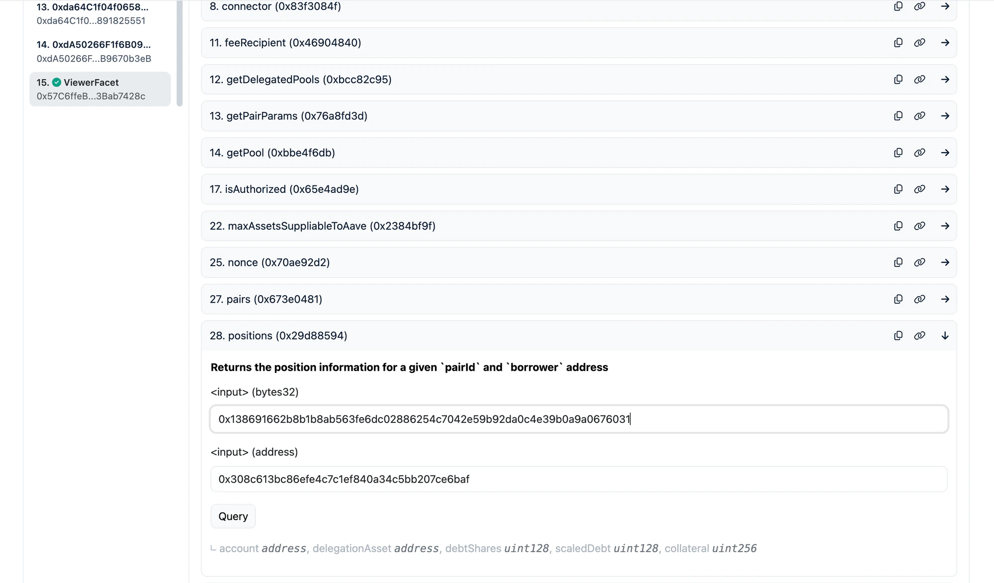 ViewerFacet showing positions and pairs functions