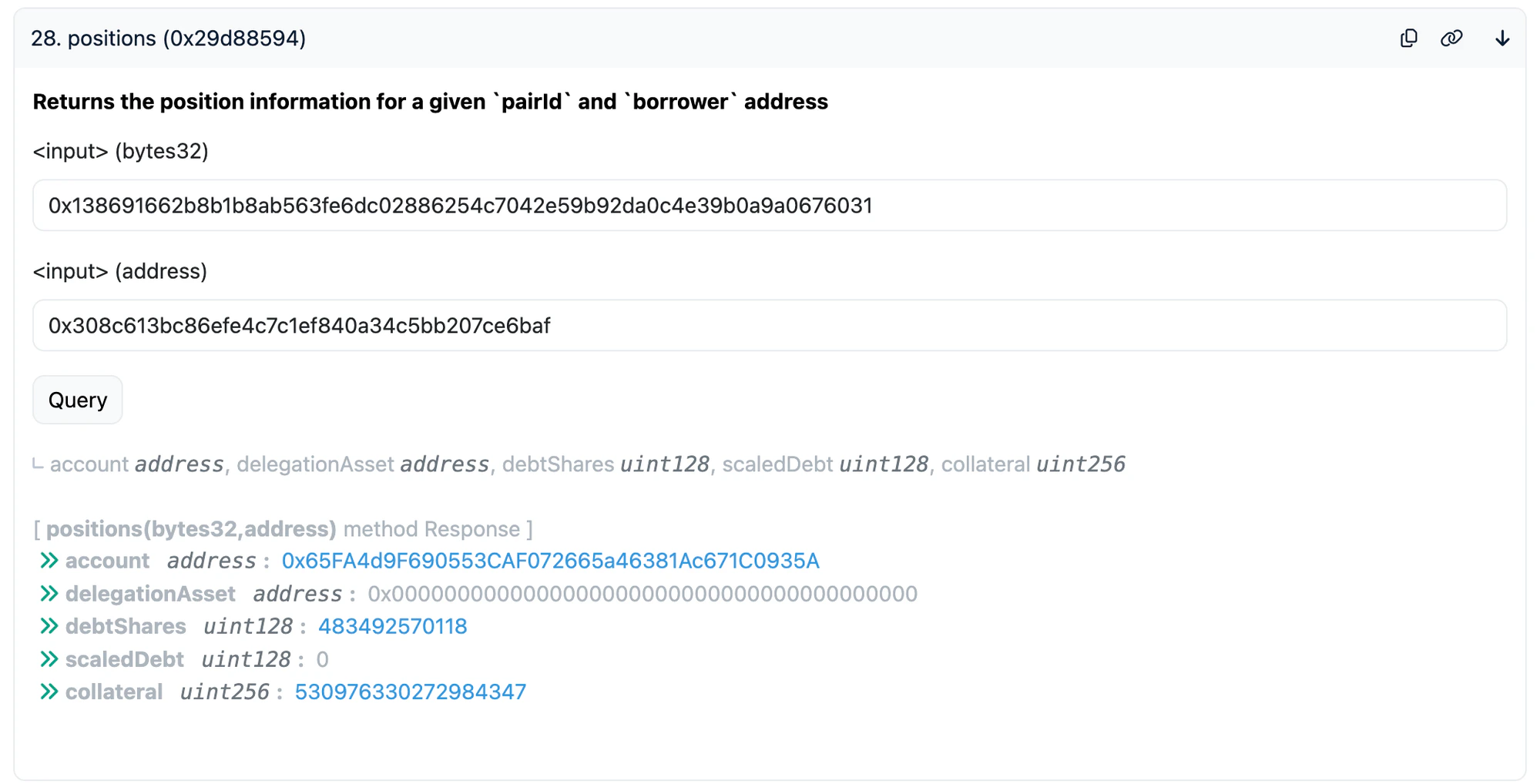 positions query showing debtShares and collateral for hyperUSDC/USDC pair