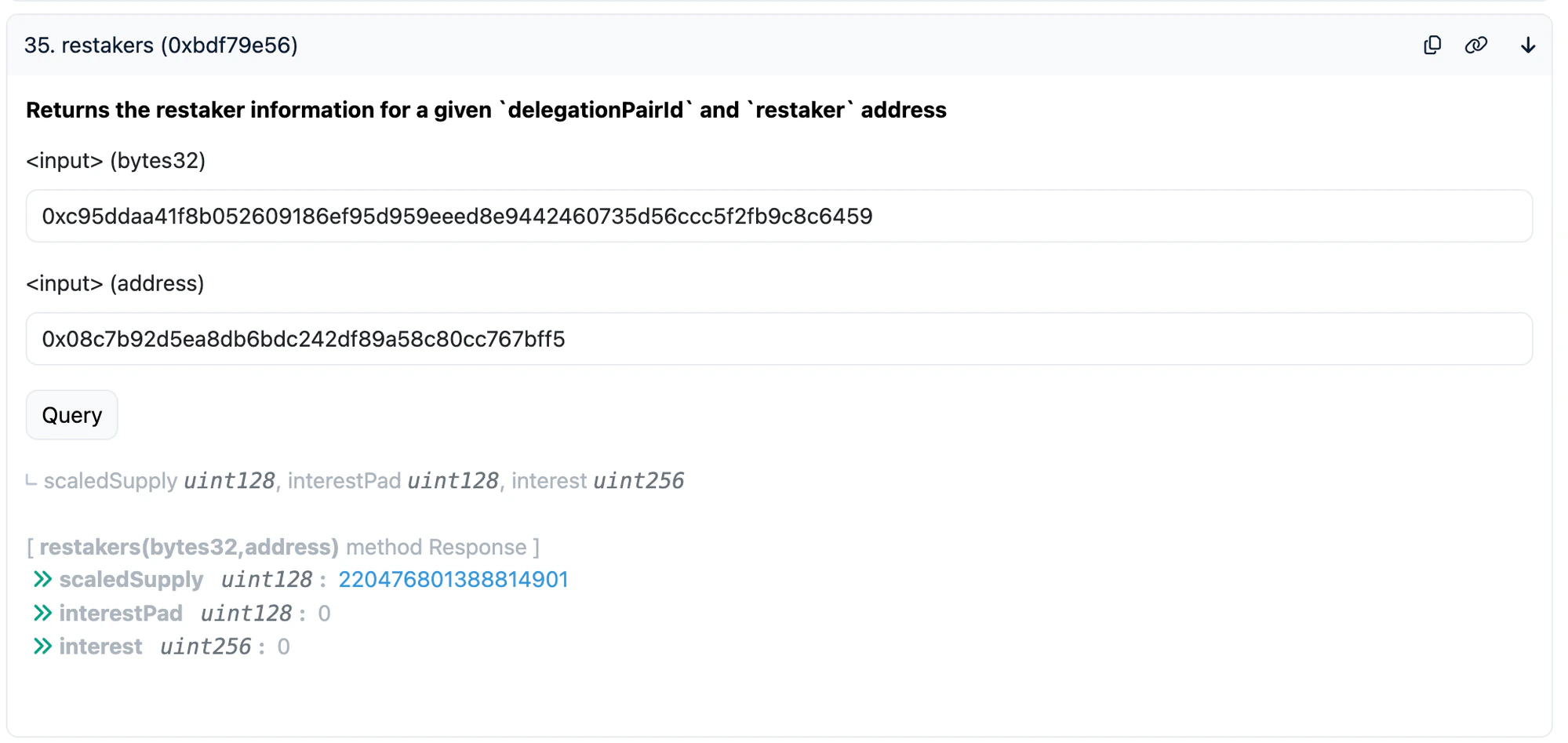 restakers query showing scaledSupply for aEthWETH/WETH pool