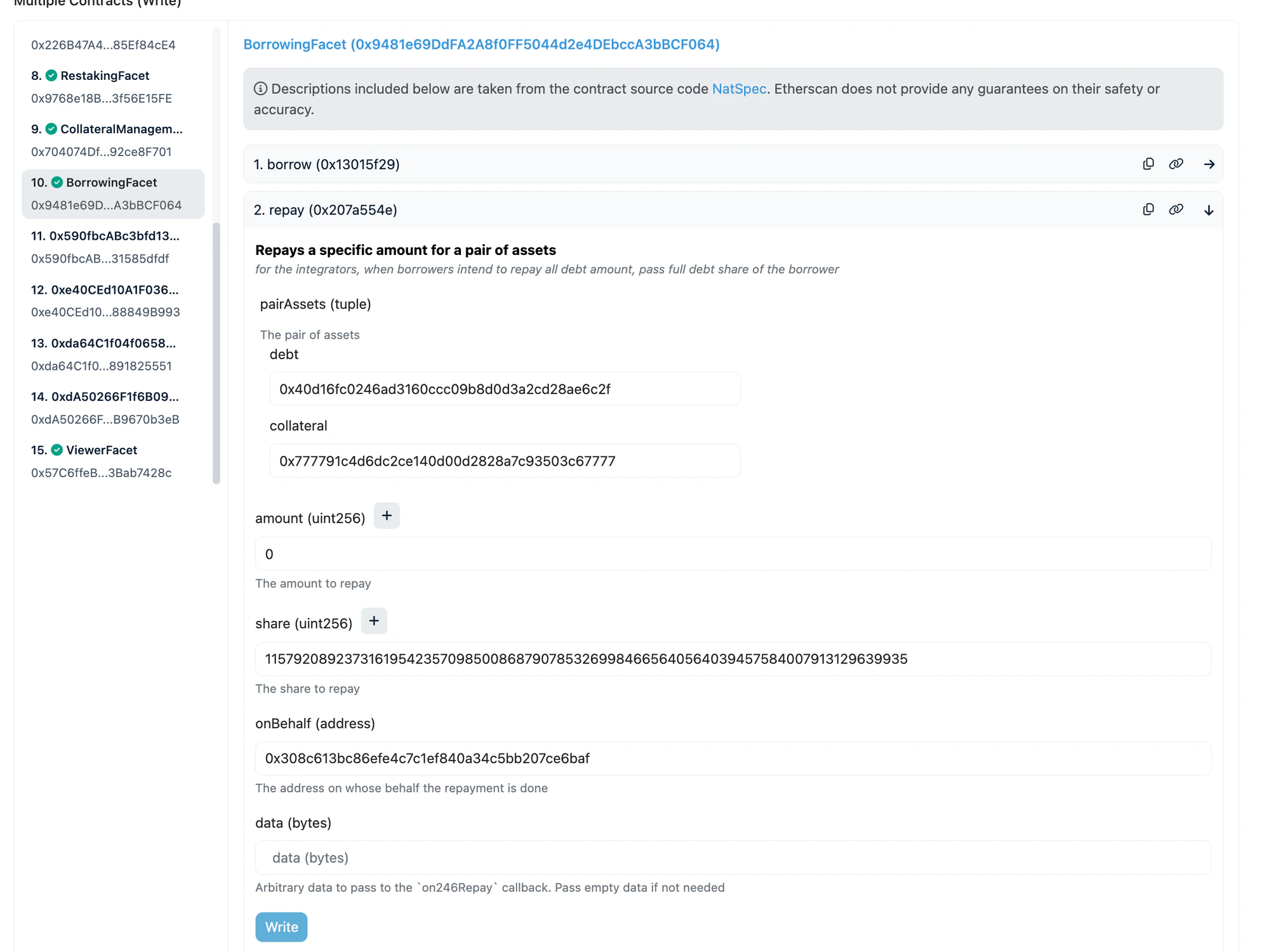 repay function on BorrowingFacet for hyperUSDC/GHO pair