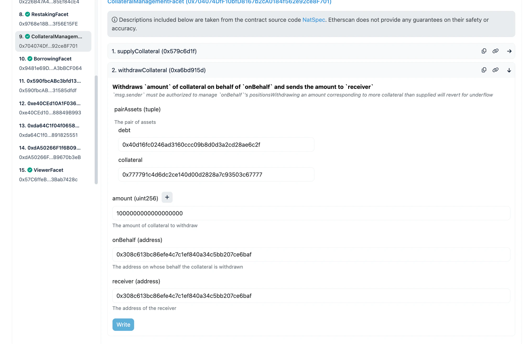 withdrawCollateral on CollateralManagementFacet for hyperUSDC/GHO pair