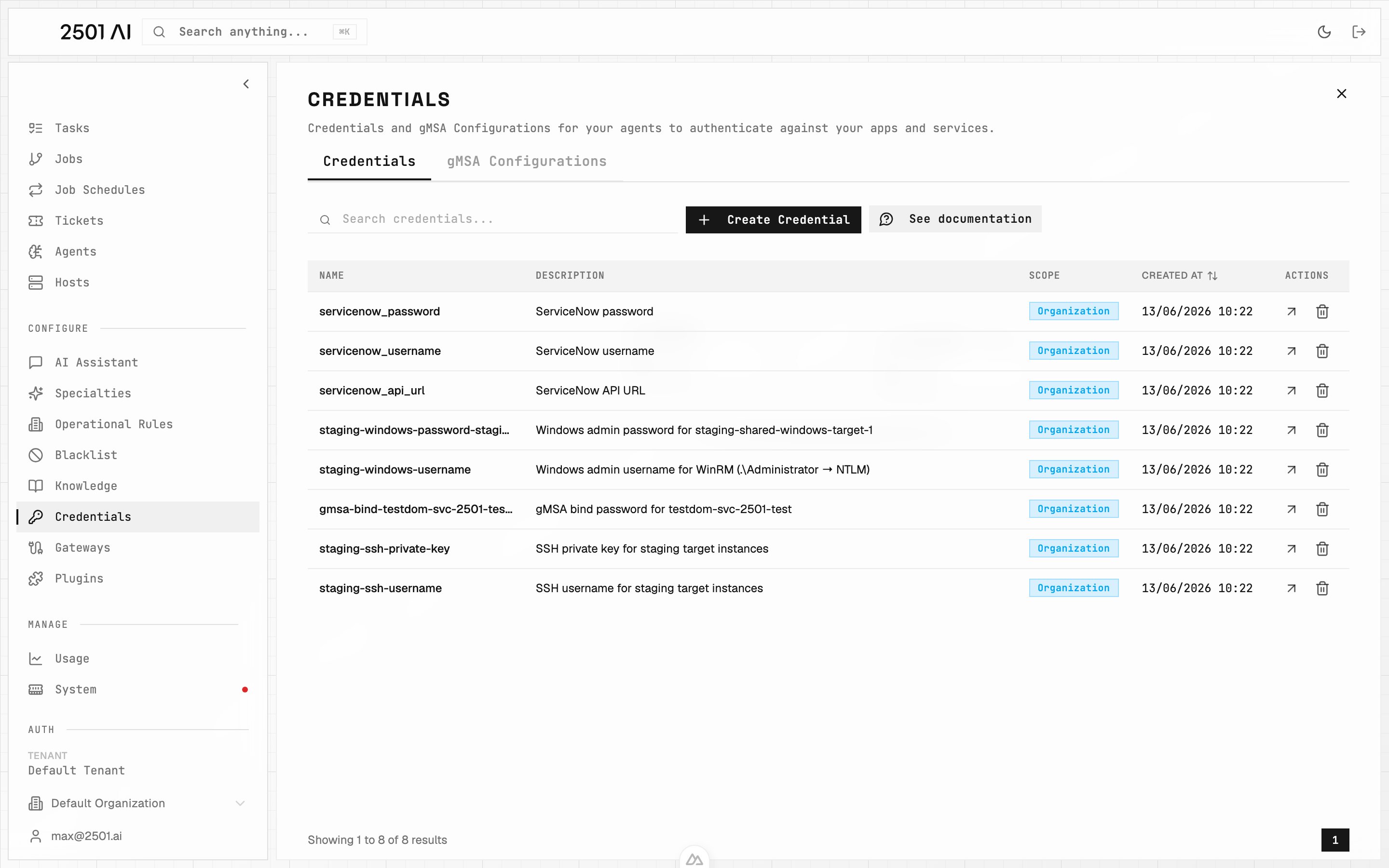 Credentials list