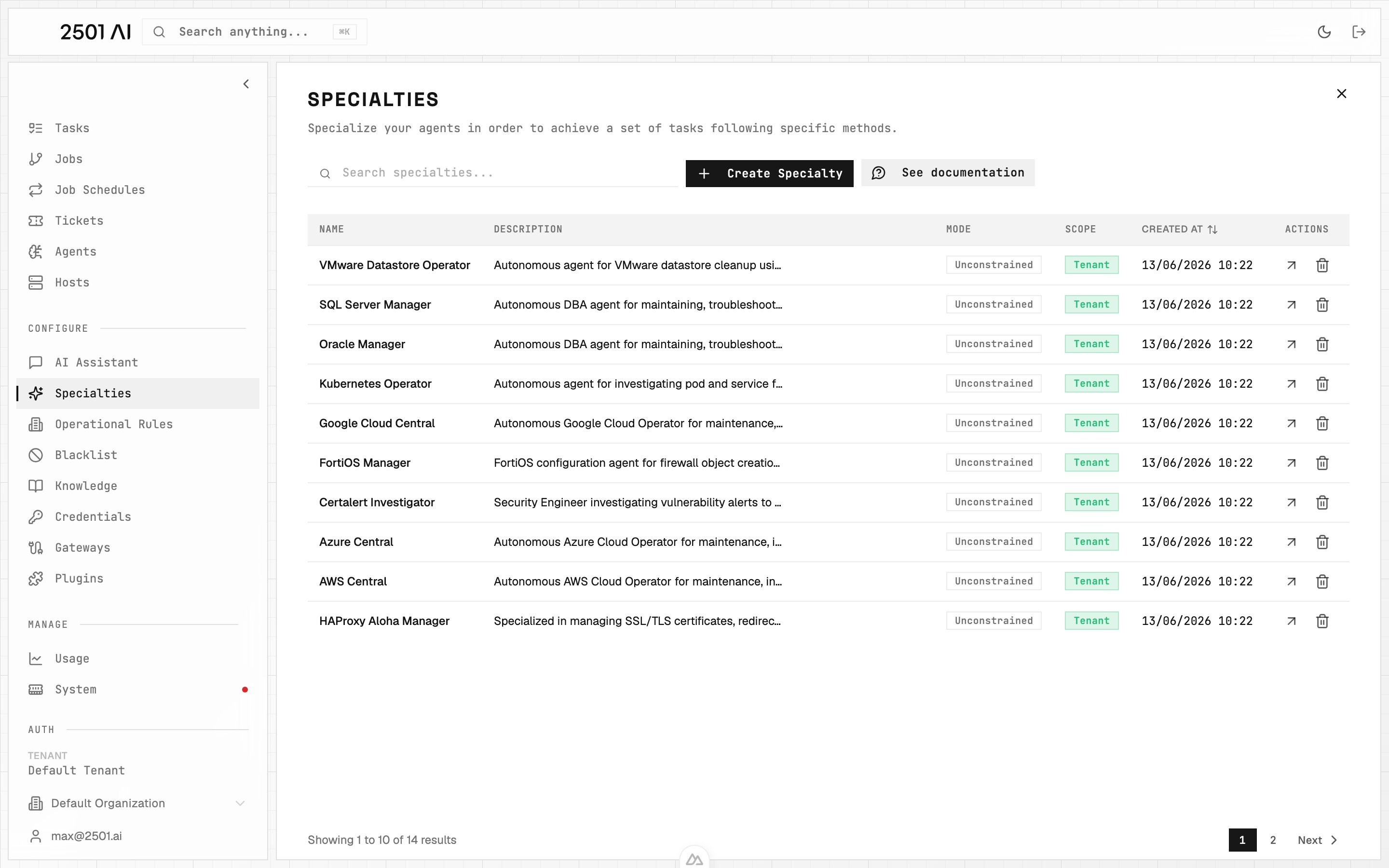 Specialties list