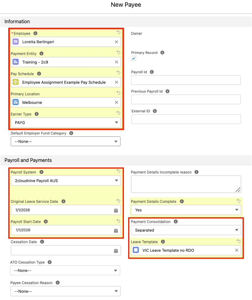 Screenshot from QRG Create a Payee record