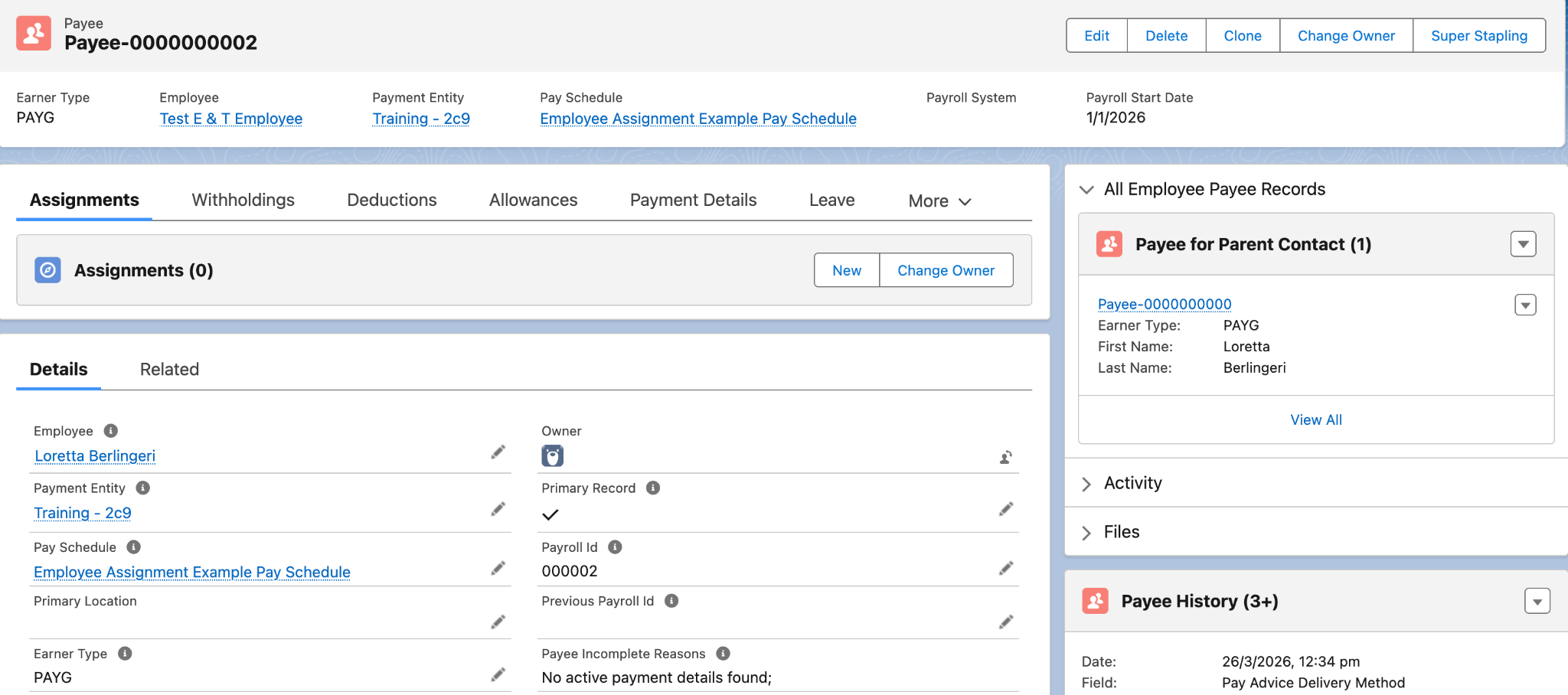 Screenshot from QRG Create a Payee record