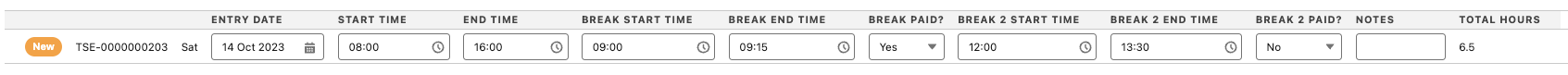 Timesheet Entry with the third break accumulated into the second