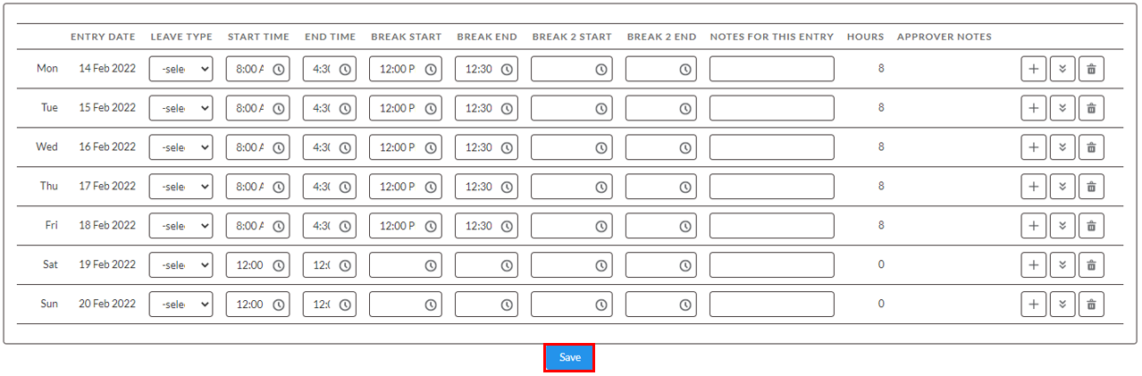 Screenshot from QRG Employee Portal - Enter Payee Timesheets