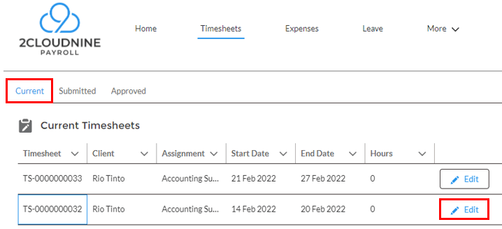 Screenshot from QRG Employee Portal - Enter Payee Timesheets