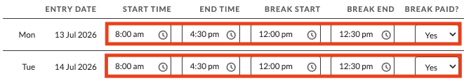 Screenshot from QRG Employee Portal - Enter Payee Timesheets