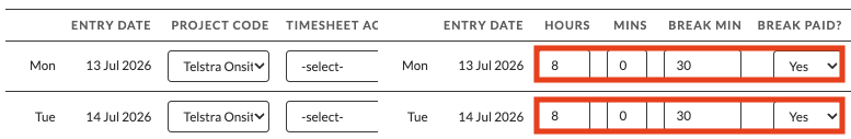 Screenshot from QRG Employee Portal - Enter Payee Timesheets