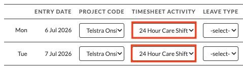 Screenshot from QRG Employee Portal - Enter Payee Timesheets