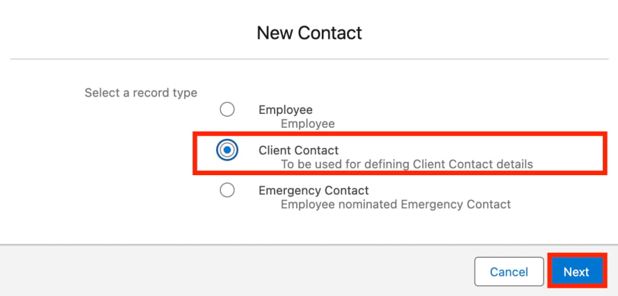 Screenshot from QRG Create a Contact - Client