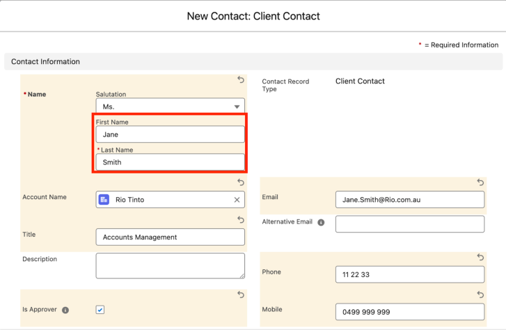 Screenshot from QRG Create a Contact - Client