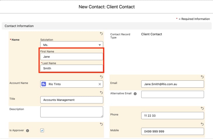 Screenshot from QRG Create a Contact - Client