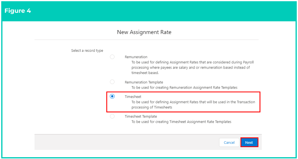 Screenshot from QRG Create an Assignment Rate record - Timesheet