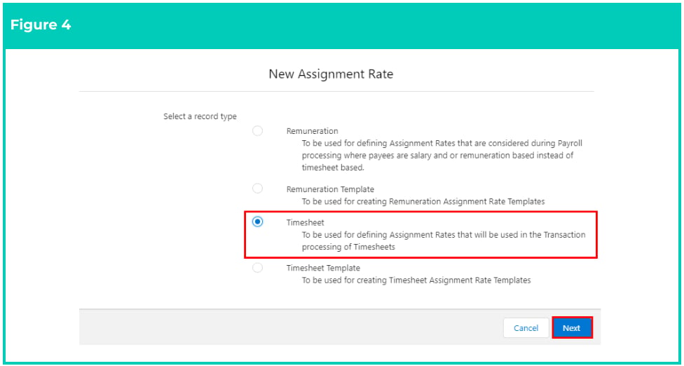 Screenshot from QRG Create an Assignment Rate record - Timesheet