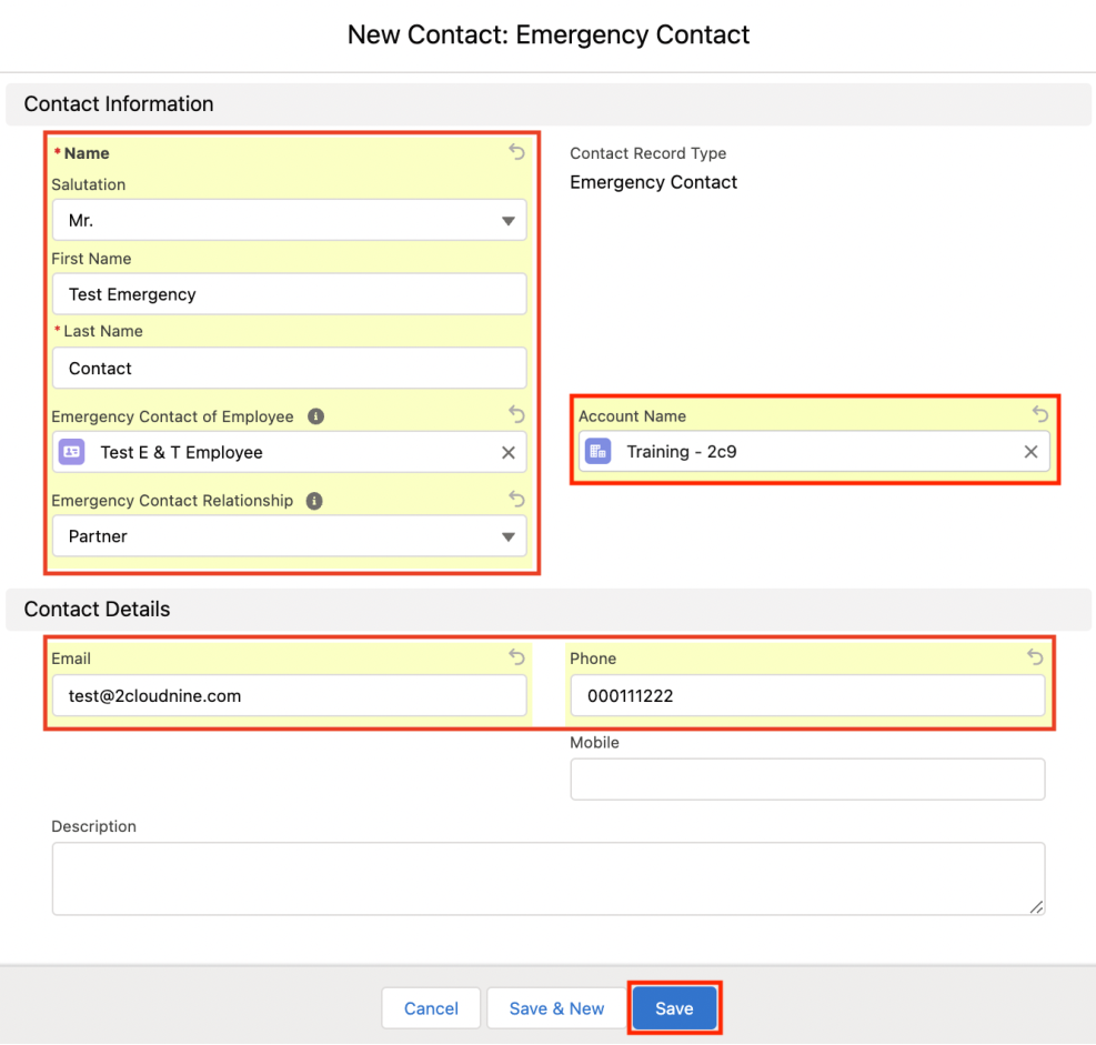 Screenshot from QRG Create an Emergency Contact