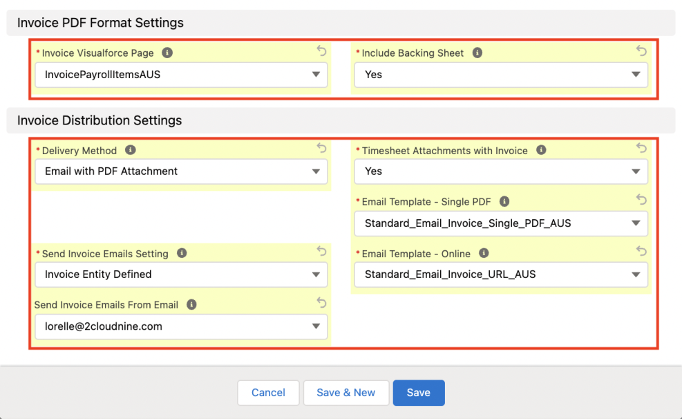 Screenshot from QRG Create Invoice Settings