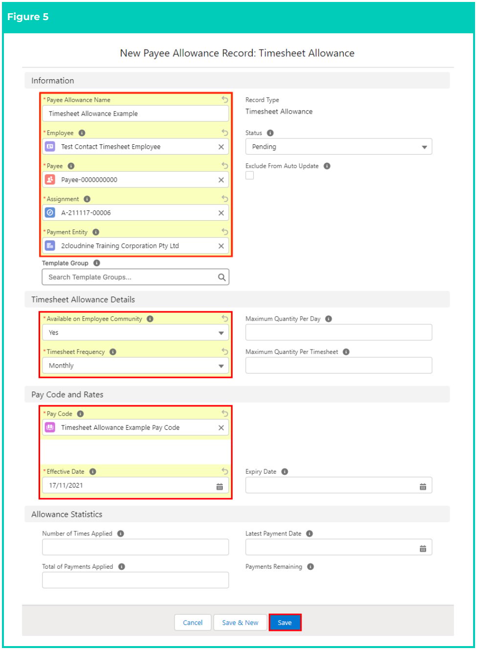 Screenshot from QRG Create Payee Allowances - Timesheet