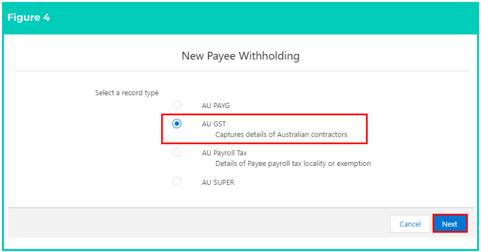 Screenshot from QRG Create Payee Withholdings - AU GST