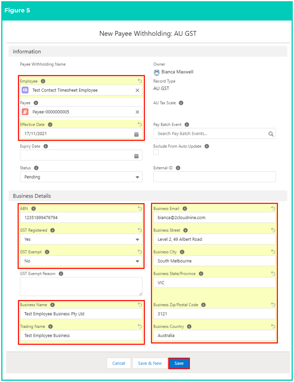 Screenshot from QRG Create Payee Withholdings - AU GST